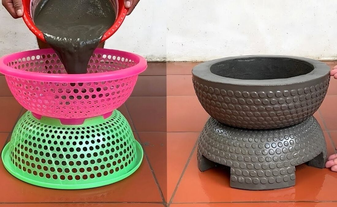 نحوه ساخت یک گلدان با سیمان و سبد پلاستیکی به روش استاد چینی (فیلم)