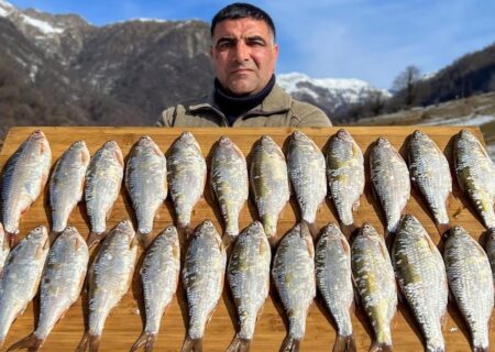 لذت خوردن ماهی کبابی در برف و سرمای کوهستان‌های آذربایجان (فیلم)