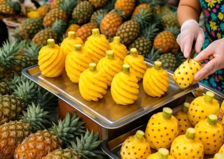 هنرنمایی میوه‌فروش تایلندی با چاقو؛ برش دیدنی آناناس و هندوانه (فیلم)