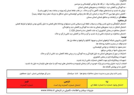 اعلام هشدار نارنجی هواشناسی در استان سمنان
