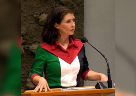 نماینده پارلمان هلند با لباس پرچم فلسطین رفت، با «هندوانه» برگشت+ فیلم