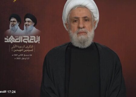 آغاز سخنرانی شیخ نعیم قاسم در مراسم بزرگداشت سالگرد شهادت نصرالله