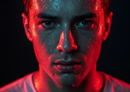 پرامپت پرتره پرتره فوتورئالیستیک دراماتیک سینمایی با نورپردازی قرمز و آبی و جزئیات فوق‌العاده