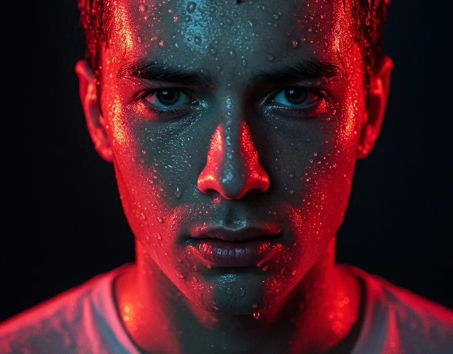 پرامپت پرتره پرتره فوتورئالیستیک دراماتیک سینمایی با نورپردازی قرمز و آبی و جزئیات فوقالعاده