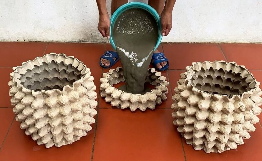 ایدهای نو: ساخت گلدان سیمانی با شانه تخممرغ