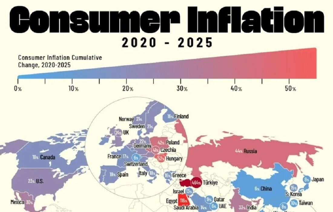 اینفوگرافی: فهرست کشورها با بالاترین نرخ تورم انباشته از سال 1399 تا 1404