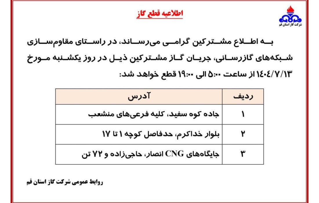اطلاعیه فوری: گاز در مناطقی از قم قطع می‌شود