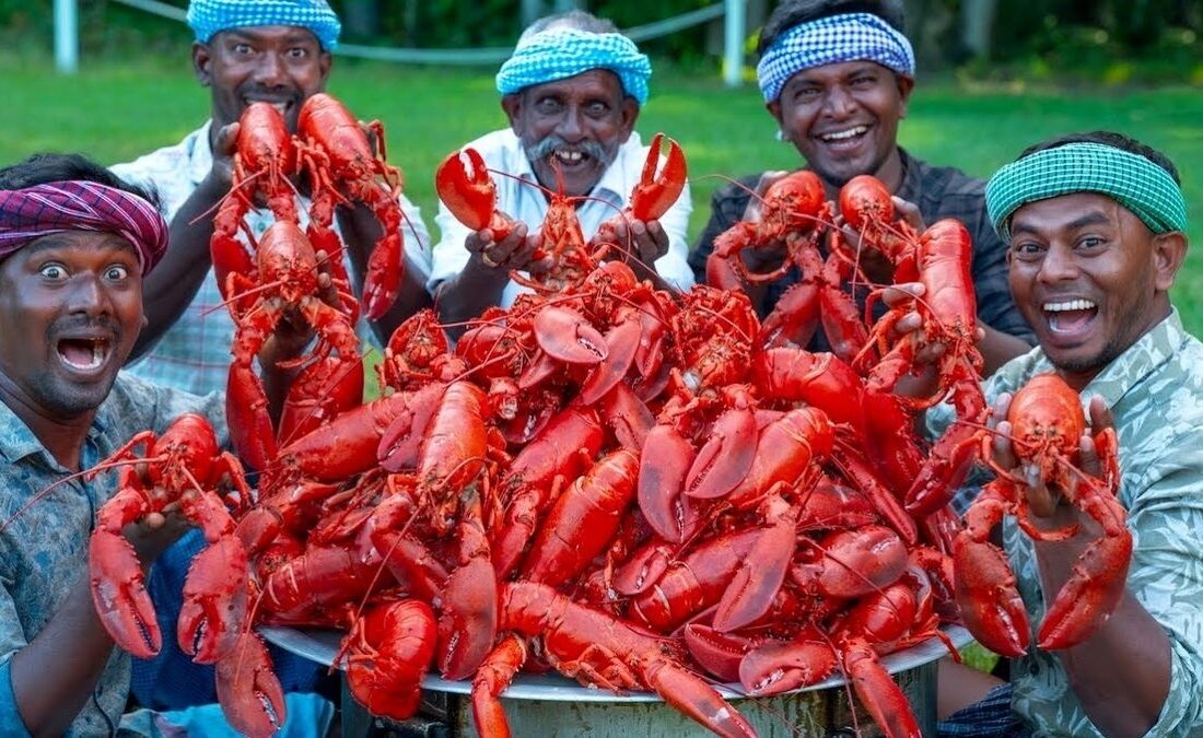 غذای روستایی در هند؛ پخت غذا با لابستر بزرگ در طبیعت (فیلم)