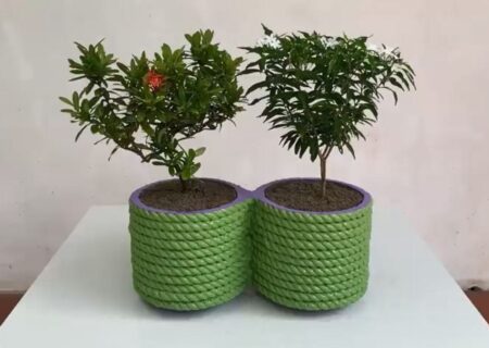 آموزش ساخت گلدان دوقلو با سیمان، طناب و سطل پلاستیکی (فیلم)